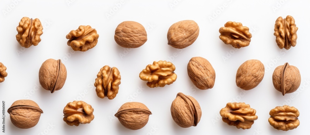 Poster A top down view of isolated walnut kernels on a white background with room for additional content in the image