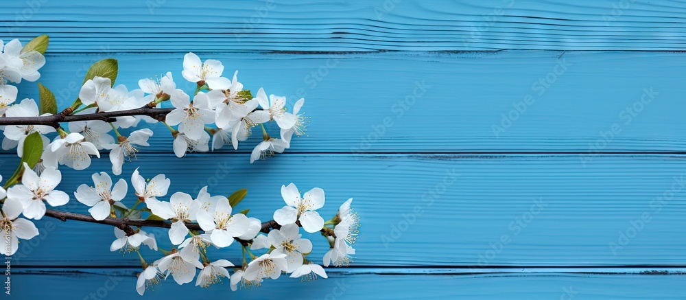 Poster A blossoming branch of an apple tree against a copy space image of a blue wooden background
