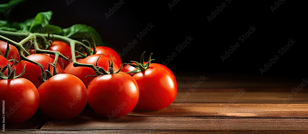 Poster a wooden table hosts fresh ripe garden tomatoes in an image with copy space