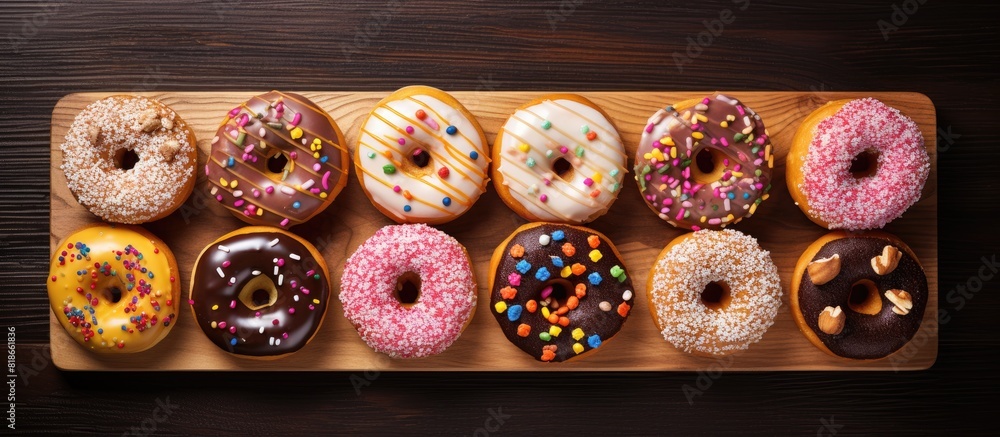 Poster celebratory concept showcased in a top view image of delicious donuts arranged on a wooden plate wit