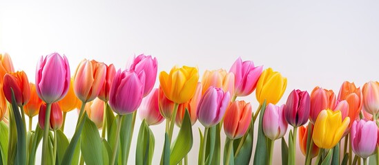 A beautiful bouquet of tulips stands alone on a white backdrop with ample space around it for showcasing its vibrant colors in a copy space image