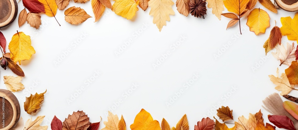 Aufkleber Copy space image of an autumn themed background with a frame created from dried leaves Perfect for capturing the mood of fall Thanksgiving Day and the beauty of the season It features a flat lay persp