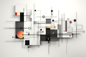 Elegant abstract artwork featuring mix of red, yellow, black, and white geometric shapes on soft grey background