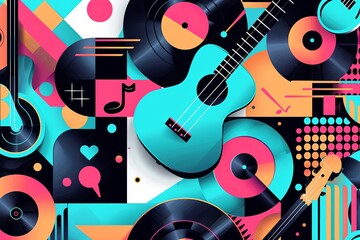 Obraz premium Bold, geometric patterns with metallic and neon colors representing the groovy essence of funky music, with abstract bass guitars and vinyl records.