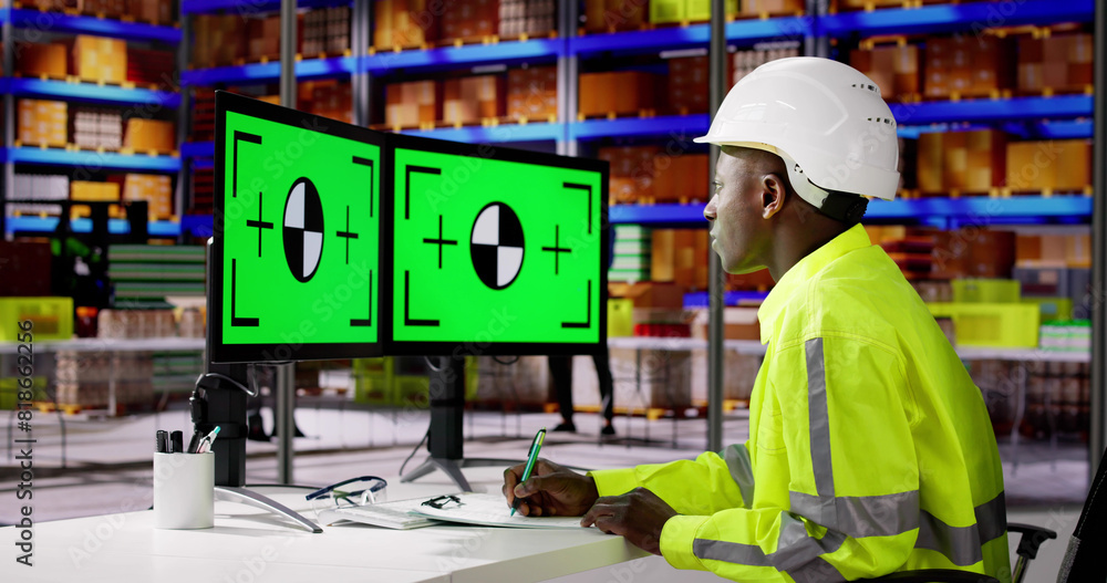Aufkleber engineer using pc monitor with green screen