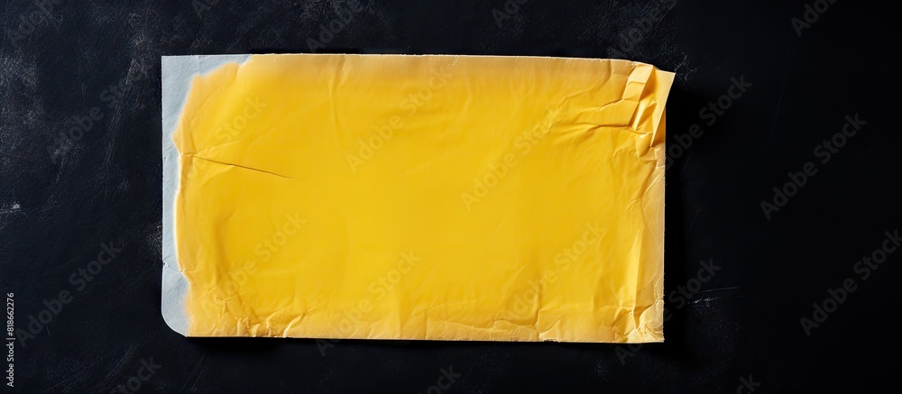 Poster A close up top view image of a sticker or paper adhesive with a wrinkled and scratched surface It features a blank paper tag or label with a yellow border isolated on a black background providing cop