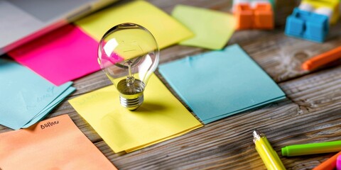 A light bulb surrounded by colorful sticky notes and pens in a desk.Encourage creativity and brainstorming concepts