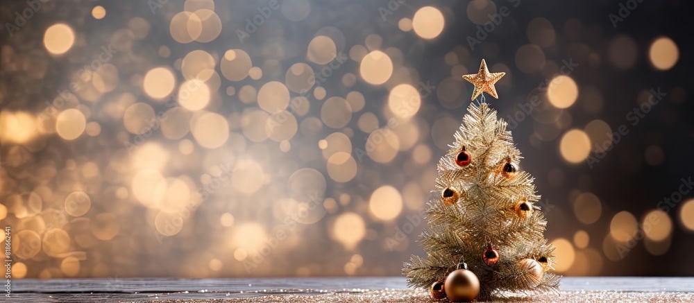 Poster a festive christmas composition featuring a small decorative fir tree adorned with twinkling bokeh l