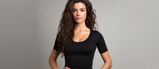 An attractive woman with a slim figure wearing a black top and leggings stands against a white background embracing her body and making eye contact with the camera A copy space image is available