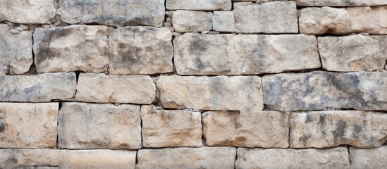 Obraz premium A closeup front view of a textured old stone wall serves as a background offering a copy space image
