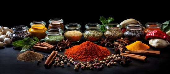 Cooking spices and condiments arranged on a black surface providing ample copy space for images