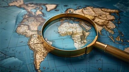 World map magnifying glass, used to survey routes and terrain, increasing clarity.