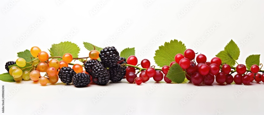 Poster Assortment of assorted berries including gooseberries blueberries mulberries raspberries and white and red currants arranged on a white background with ample copy space 159 characters
