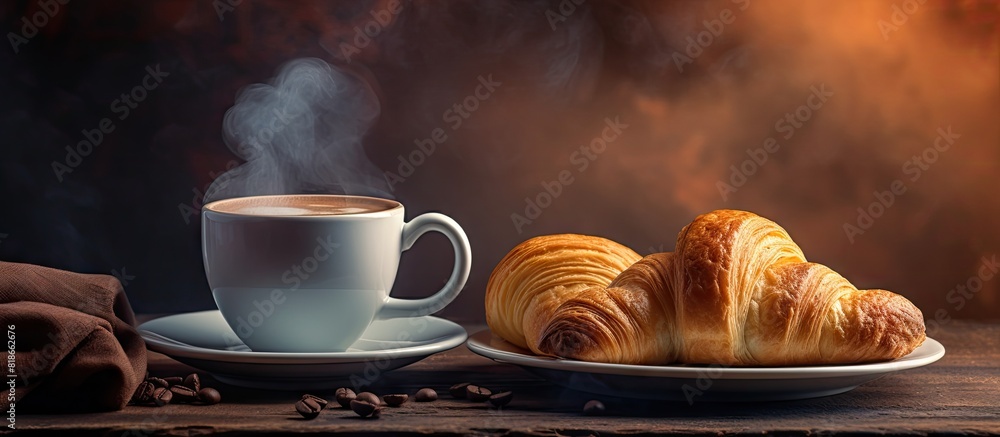 Poster A captivating and atmospheric image showcases a pair of croissants and a steaming cup of coffee with an intriguing and mysterious ambiance Copy space image