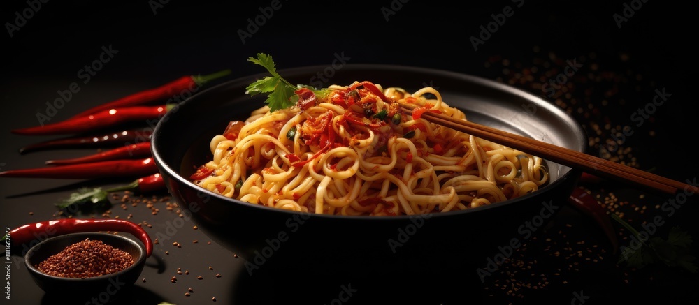 Poster asian flavored spaghetti with chopsticks and spices copy space image of raw instant noodles that onl