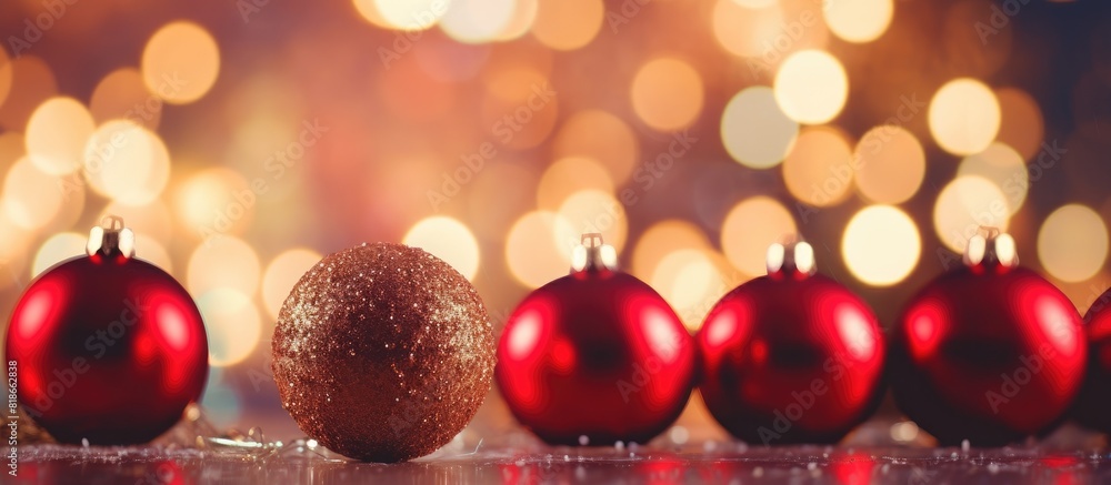 Poster A close up of Christmas decorations set against a backdrop of twinkling lights creating a festive composition for the holidays copy space image