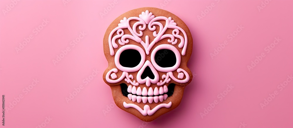 Leinwandbilder A Halloween card featuring a skull ginger cookie pattern captured from a top down perspective against a pink backdrop with room for text. with copy space image. Place for adding text or design