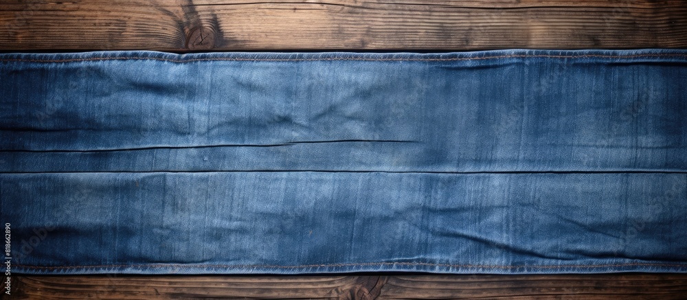 Poster Blue jean viewed from above isolated on a wooden backdrop The image offers room for text. with copy space image. Place for adding text or design