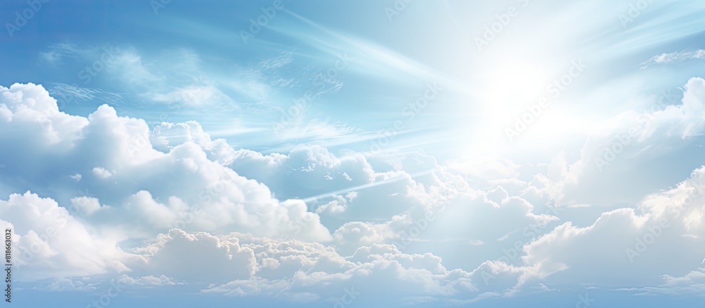 Poster an abstract background featuring a sunny summer sky with white clouds and a subtle flare of light pr