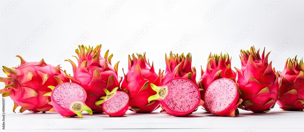 Aufkleber Dragon fruits arranged on a white surface with plenty of empty space around the fruits for graphical or textual additions. with copy space image. Place for adding text or design