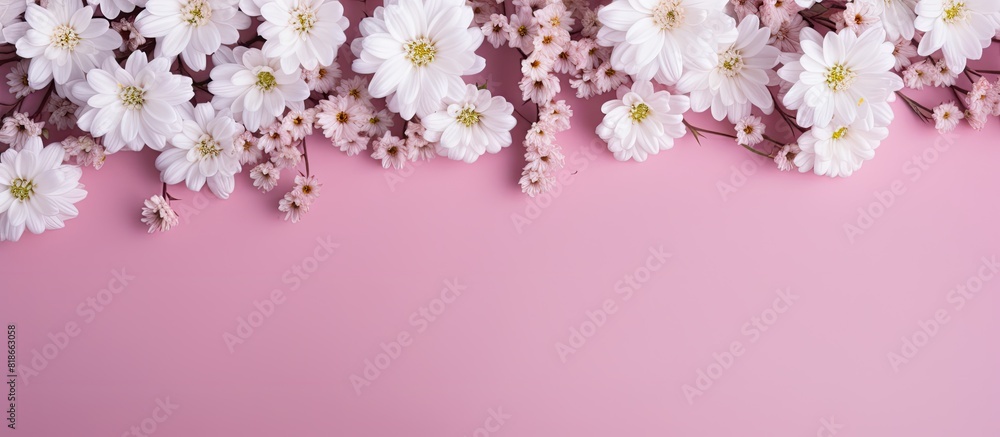 Poster a floral pattern of white chrysanthemums and gypsophilas on a pink background viewed from the top it