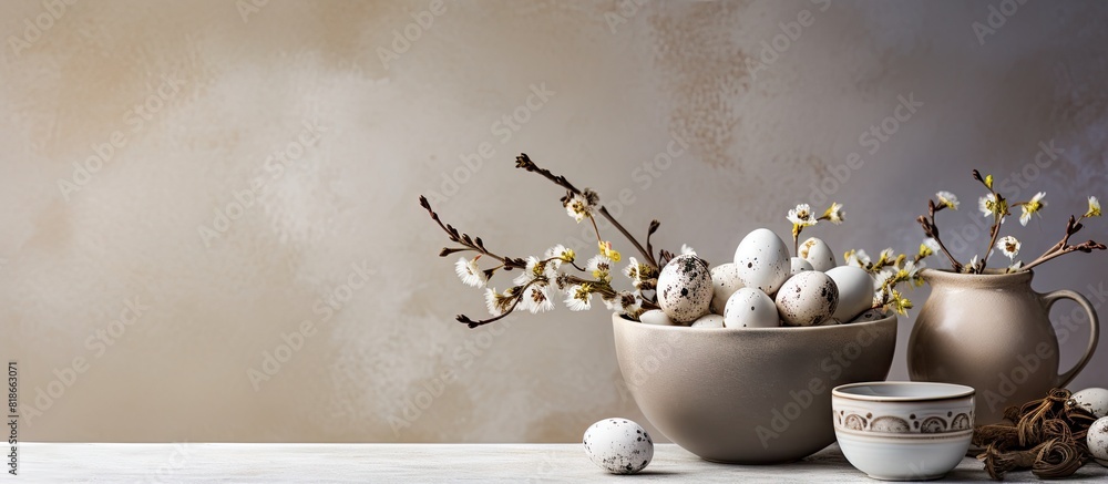 Poster A bright background complements an Easter table setting featuring quail eggs blossoming branches and plenty of copy space image