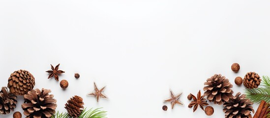 A festive Christmas and New Year arrangement of fir branches with cones and star anise rests on a knitted white background The photo is taken from above allowing enough space for text