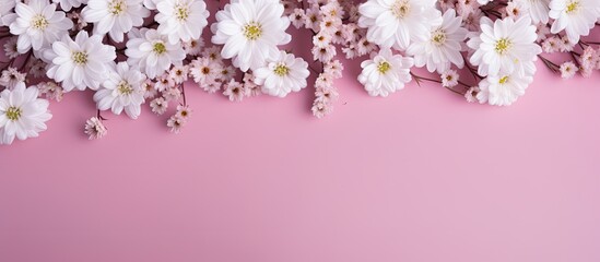 A floral pattern of white chrysanthemums and gypsophilas on a pink background viewed from the top It is a flat lay image with copy space for your text