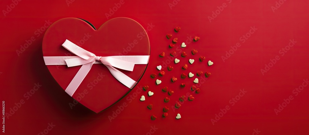 Poster A flat lay image displaying a red heart shaped gift box with a bow on a raspberry background perfect for greeting cards for Valentine s anniversaries Mother s Day and birthdays. with copy space image