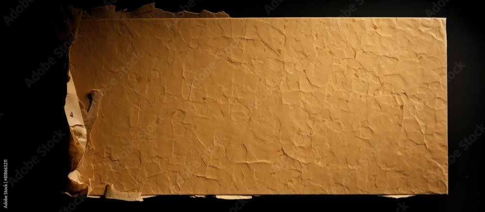 Poster An image displaying a damaged piece of cardboard placed against a dark backdrop providing an empty space for potential use. with copy space image. Place for adding text or design
