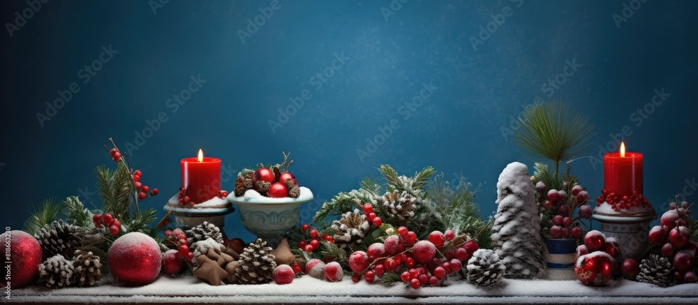Poster A festive Christmas composition against a backdrop of bright colorful and vibrant hues creating a lively and joyful atmosphere The image provides ample copy space for additional elements