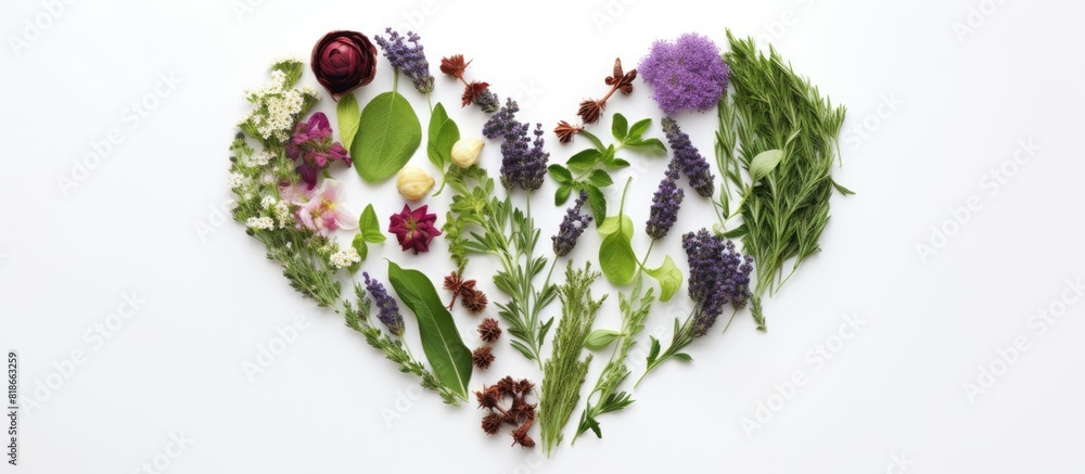 Poster copy space image of a heart shaped arrangement of herbs set against a crisp white backdrop