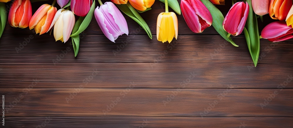 Poster an old wooden background showcasing a vibrant display of spring tulip flowers offering a perfect cop