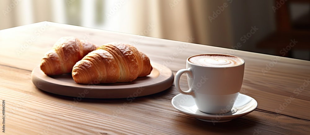 Poster The breakfast set includes a cup of coffee served on a wooden table with plenty of copy space for images
