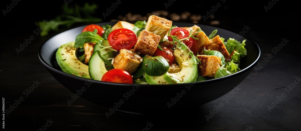 Poster a healthy vegan salad with fried tofu cucumbers tomatoes avocado and sesame seeds is presented in a 