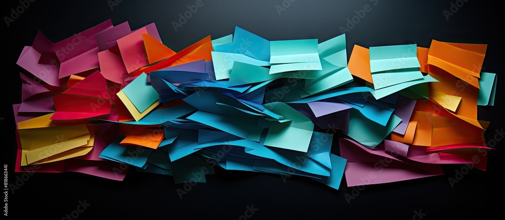 Poster colored note paper pieces on a black backdrop with copy space