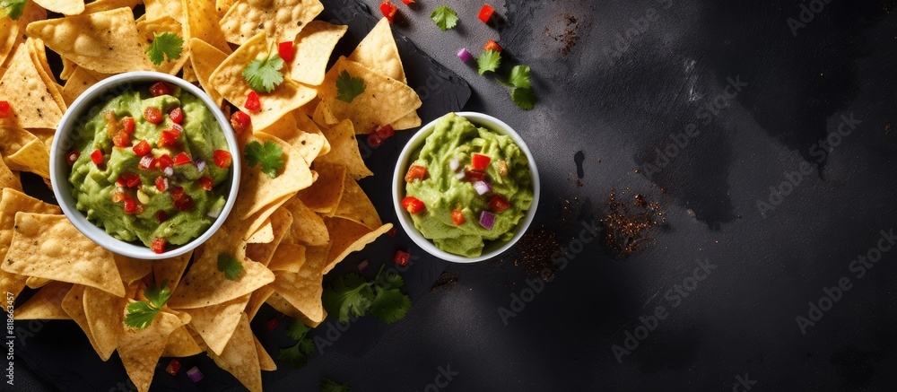Poster A top down view of Mexican nachos topped with guacamole placed on a gray concrete surface The image has ample space for additional content
