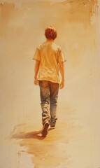 Watercolor painting of an young boy walking, full body view