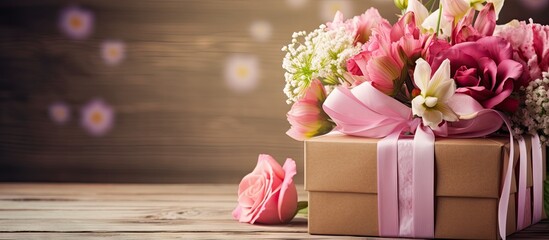 A lovely arrangement of flowers a charming gift box and a tag with the words Happy Birthday displayed on a rustic wooden background The image leaves ample space for any potential copy