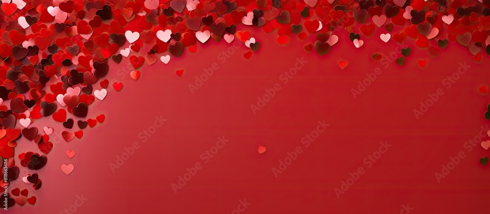 Poster Above view of a flat lay containing a pattern of red confetti for Valentine s day The image has copy space