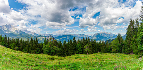 Berchtesgadener Land landscape with sky and clouds. The Watzmann massif seen from the Jenner...