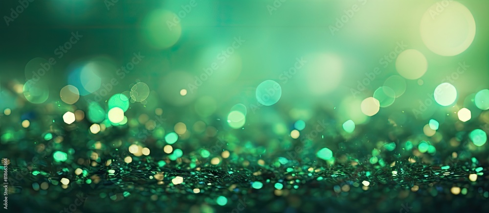 Poster background with blurred green glitter bokeh providing ample copy space image