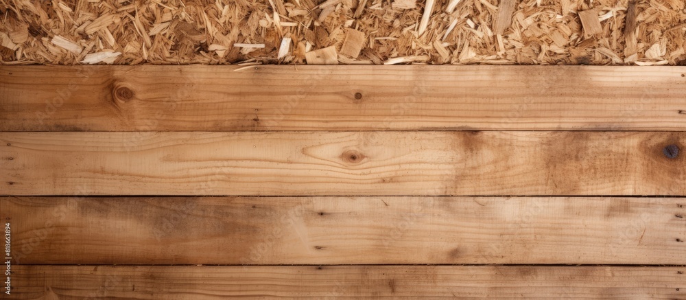 Poster A close up top view of a wooden plank and chipboard background with an ample amount of timber planks covering the space for text editing Ideal for a copy space image