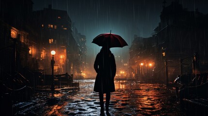 Silhouette with umbrella in rainy city night 