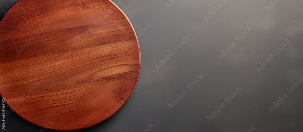 Poster A close up top view of a wooden cutting board with a round shape placed on a gray background accompanied by kitchenware Copy space image