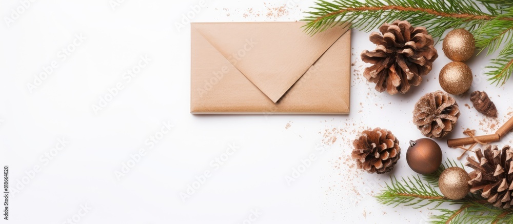 Aufkleber a kraft envelope featuring a festive pine branch adorned with cones balls and gifts the background i