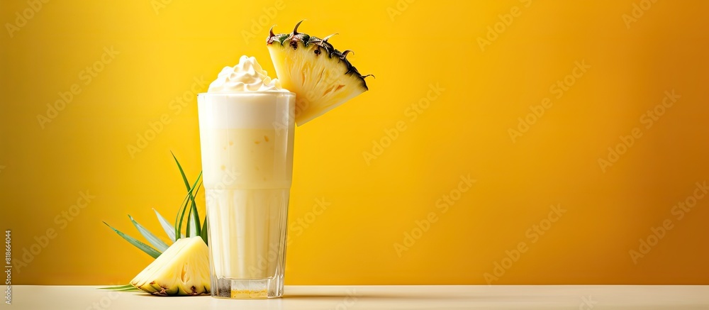 Poster a delicious pina colada cocktail displayed on a bright background providing ample room for adding te