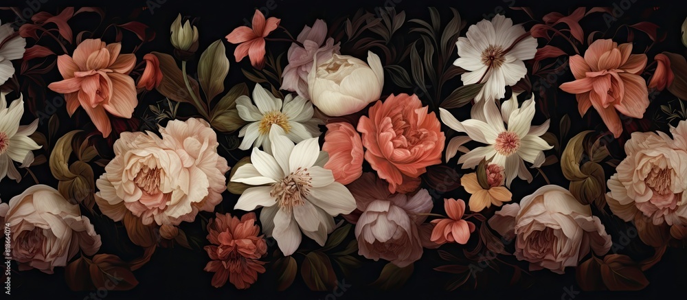 Poster a panoramic wide web banner or header with a floral pattern against a dark backdrop providing ample 