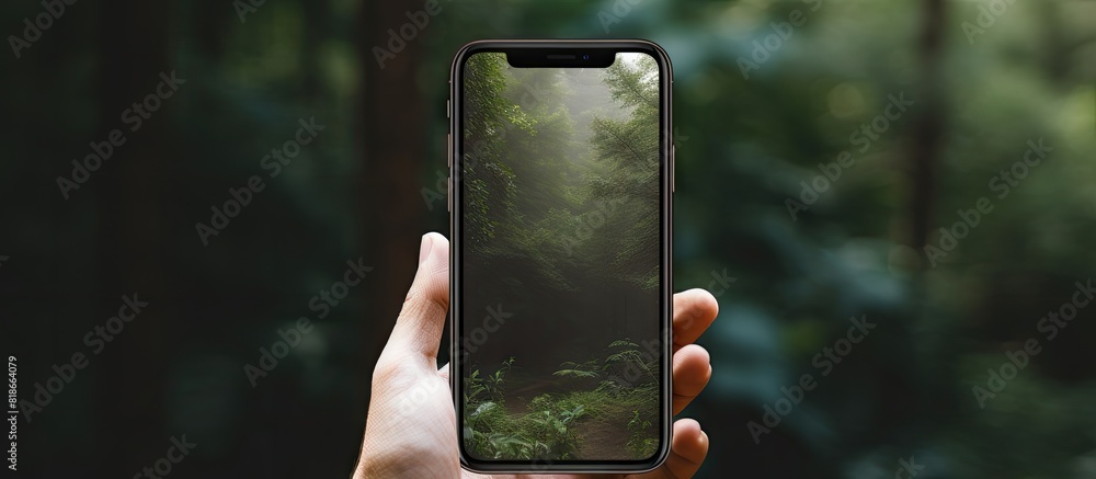 Aufkleber Phone mockup held in hand against a background of old wooden boards. with copy space image. Place for adding text or design