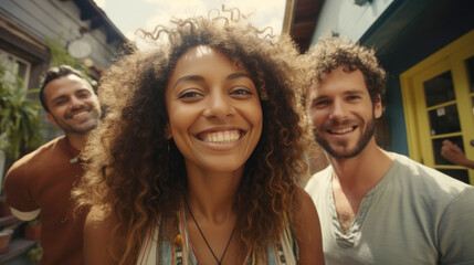 A woman with curly hair smiles at the camera while taking a selfie with two friends who discreetly peek behind her. They are sightseeing through the streets of a city.